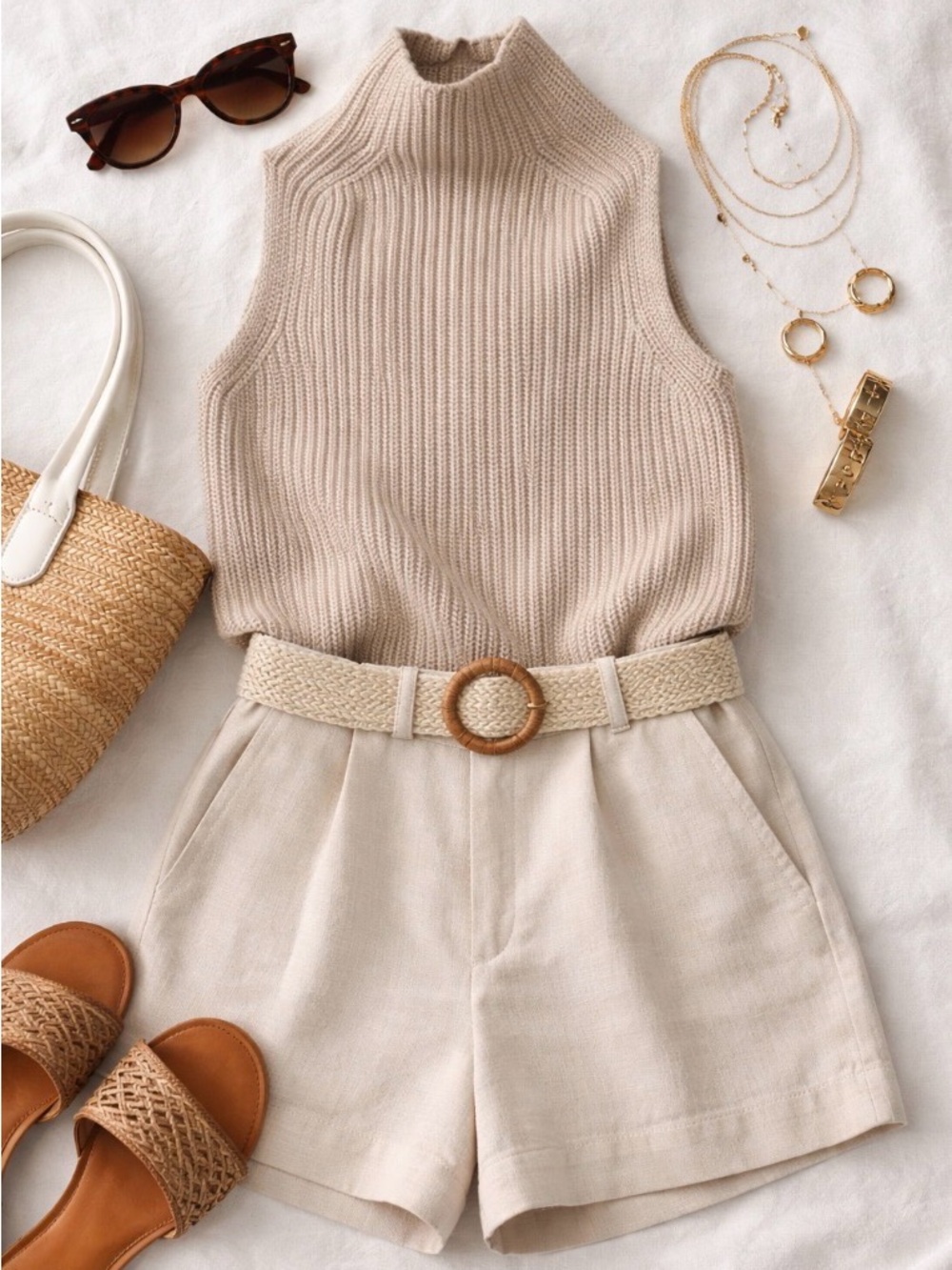 Faherty Sleeveless Cowl Turtleneck Sweater in Beige